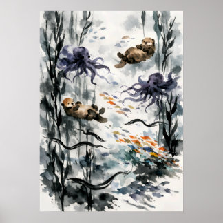 Kelp Forest Sumi-e Watercolor Art Poster
