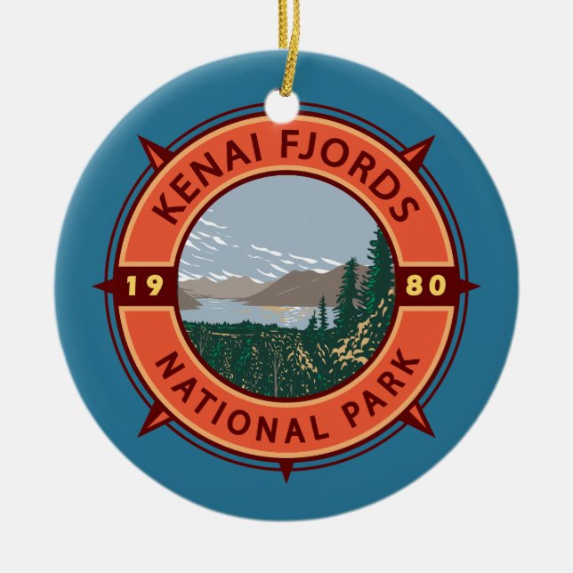 Kenai Fjords National Park Retro Compass Emblem Ceramic Ornament (Front)