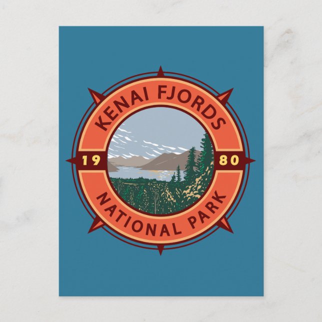 Kenai Fjords National Park Retro Compass Emblem Postcard (Front)