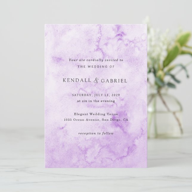 Kendall Purple Watercolor Elegant Wedding Invitation (Standing Front)