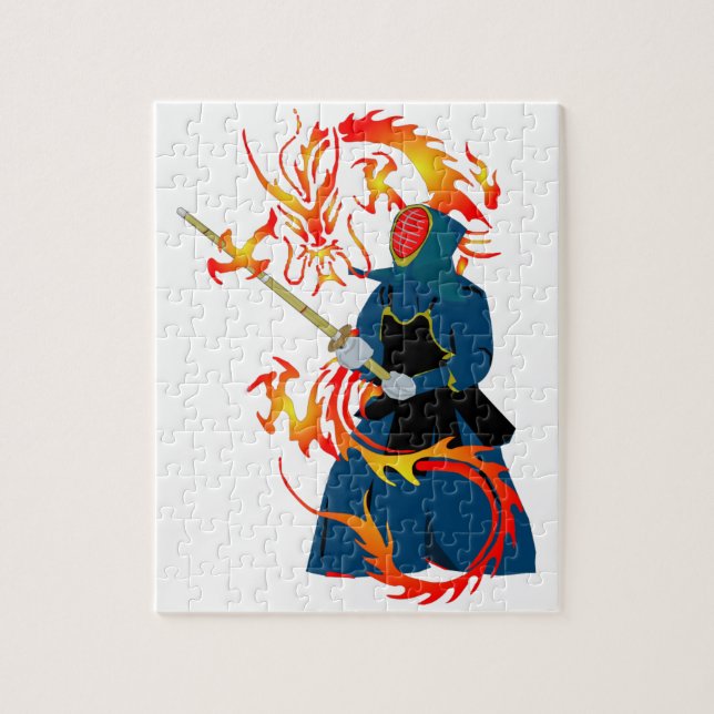 Kendo Swordsman and Fire Dragon Jigsaw Puzzle (Vertical)