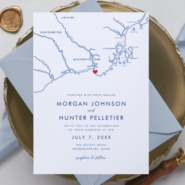 Kennebunkport Elegant Navy Blue Minimalist Wedding Invitation (Kennebunkport Elegant Navy Blue Minimalist Wedding Invitation with Maine map by Coastal Map Designs)