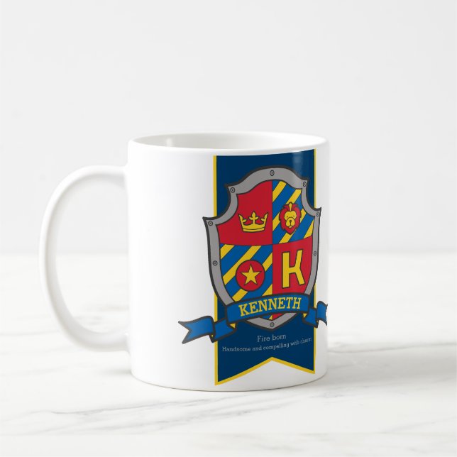 Kenneth knight shield red blue name meaning lion coffee mug (Left)