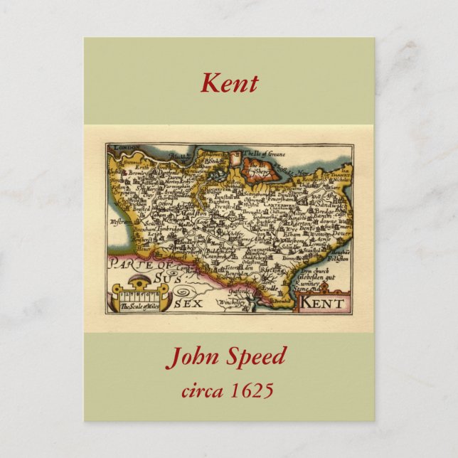 Kent County England Old Antiquarian John Speed Map Postcard (Front)