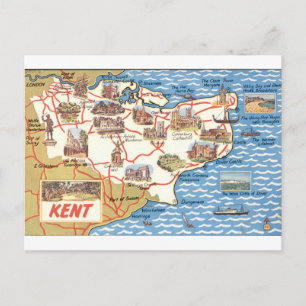 Kent Illustrated Vintage Landmark Map Postcard