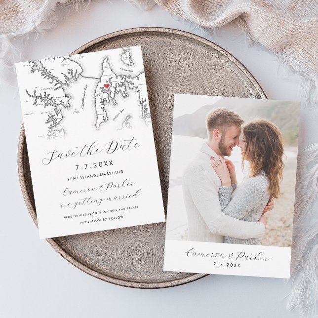 Kent Island Maryland Map Black and White Photo Save The Date (Kent Island MD Map Save the Date with Photo in Elegant Modern Black and White from Coastal Map Desig)