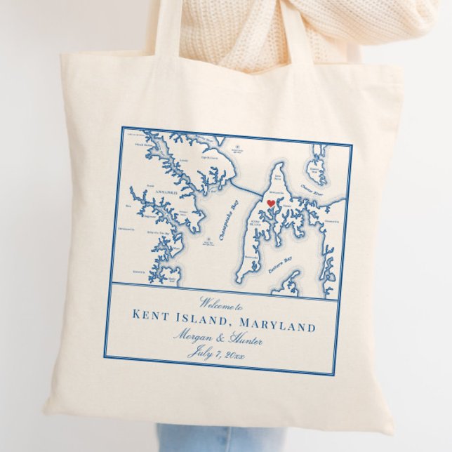 Kent Island Maryland Map Wedding Welcome Tote Bag (These Kent Island Destination Wedding tote bags are perfect wedding favors for your Maryland wedding)