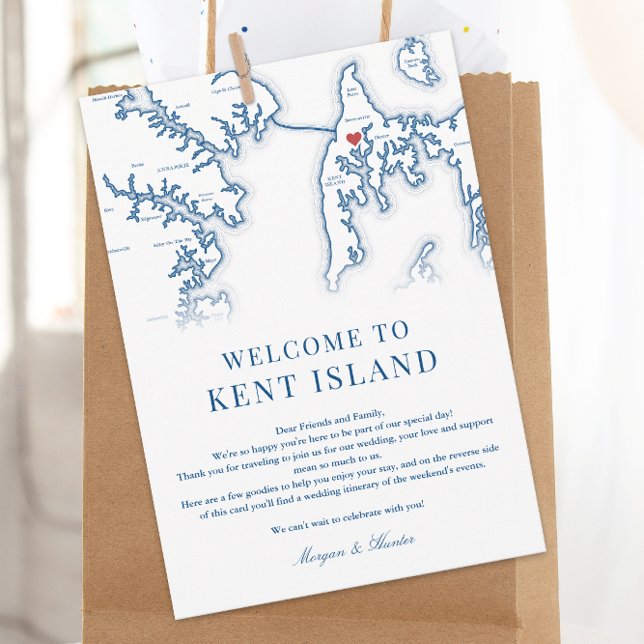 Kent Island MD Navy Blue Wedding Welcome Itinerary Thank You Card (Kent Island MD Map Wedding Welcome Letter and Weekend Events Itinerary in Elegant Navy Blue)