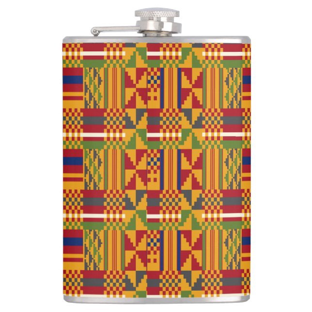 Kente Ethnic Pattern – Vibrant African Textile Hip Flask (Front)