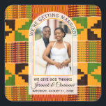 Kente Photo Custom Name WEDDING  Square Sticker<br><div class="desc">These elegant modern arch photo Wedding Thank You stickers—with African Ghanaian Kente cloth in the background—are designed to be the finishing touch to your special cultural wedding day. Perfect for African or cultural weddings, elegant dinners, and birthday brunches, these customizable Kente wedding stickers are ideal for celebrating weddings, anniversaries or...</div>