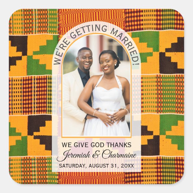 Kente Photo Custom Name WEDDING  Square Sticker (Front)