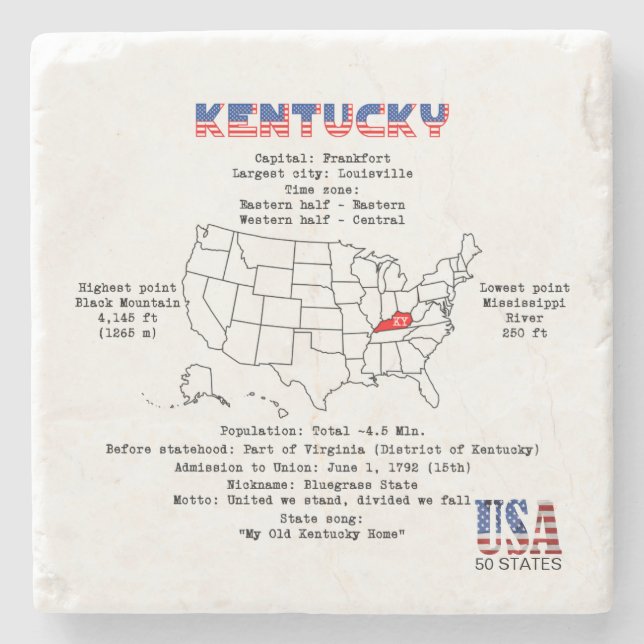 Kentucky American state on a map and useful info Stone Coaster (Front)