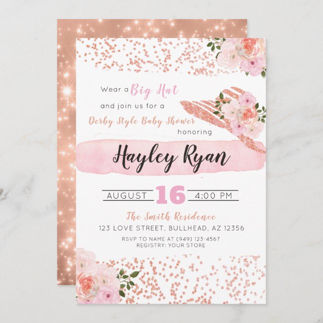 Kentucky Derby Big Hat Blush Rose Gold Baby Shower Invitation (Front/Back)