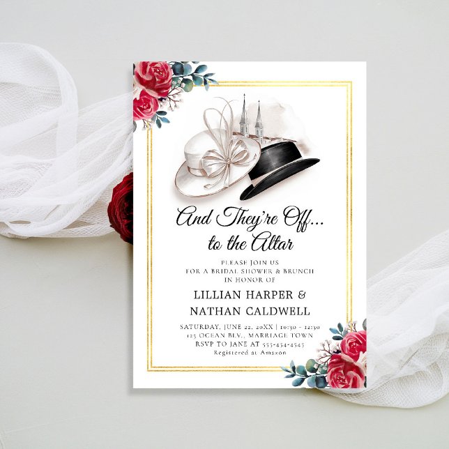 Kentucky Derby Hats Bridal Shower Double Frame Invitation (kentucky derby bridal shower invitation wedding red roses churchill spires horse racing double frame)