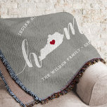 Kentucky Home State Personalised Throw Blanket<br><div class="desc">Show some home state pride with this cute rustic grey throw blanket featuring "home" in white calligraphy script lettering with a silhouette map of the state of Kentucky standing in for the letter "O." A red heart illustration inside the state map completes the design; you can change the position of...</div>