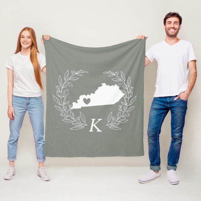 Kentucky map wreath leaves monogram fleece blanket (In Situ)