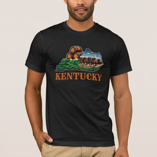 Kentucky State Outline Tattoo Style Horse Bourbon T-Shirt (Front)
