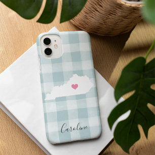 Kentucky State Silhouette on Rustic Mint Plaid iPhone 16 Case