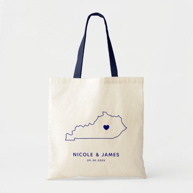 Kentucky Wedding Welcome Bag Tote, Navy Blue Map (Front)