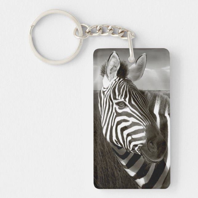 Kenya. Black & white of zebra and plain. Key Ring (Front)