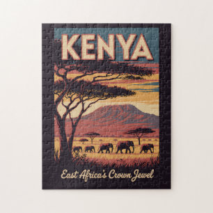 Kenya Elephants Illustration Travel Art Vintage Jigsaw Puzzle
