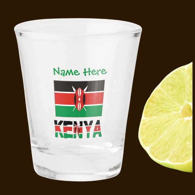 Kenya Kenyan Flag Tiled Green Personalisation Shot Glass (Kenyan Flag on shot glass has the word KENYA below in the colors of the flag. Add a name above.)