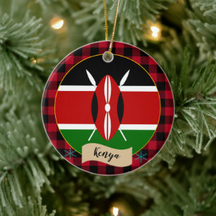 Kenya, Red buffalo plaid & Kenyan Flag Ceramic Ornament