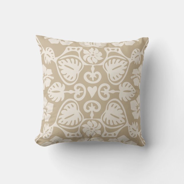 Keoni Hawaiian Monstera Leaf Damask Taupe Cushion (Front)
