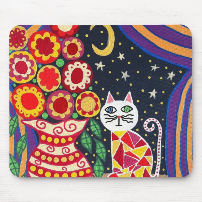 Kerri Ambrosino Art Mousepad Cat Moon Flowers (Front)