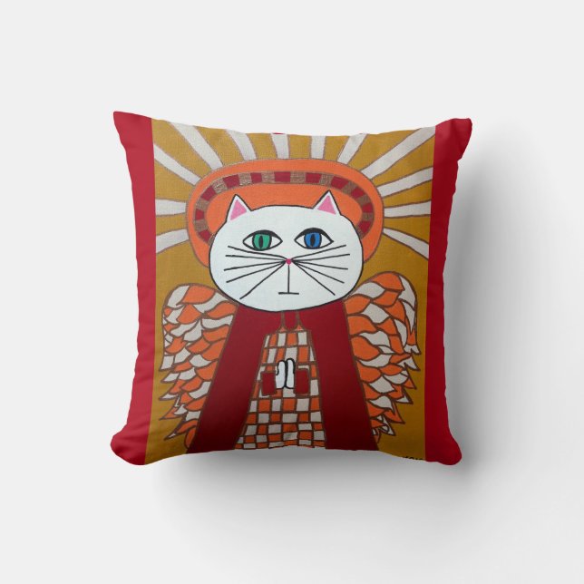 Kerri Ambrosino Art Pillow Cat Angel Red Gold (Front)