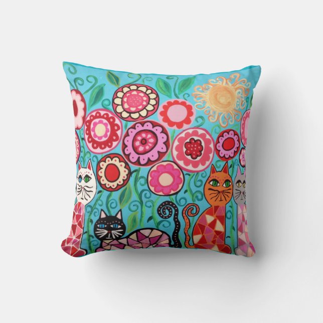 Kerri Ambrosino Pillow Art Flowers Cats Sun Red (Front)