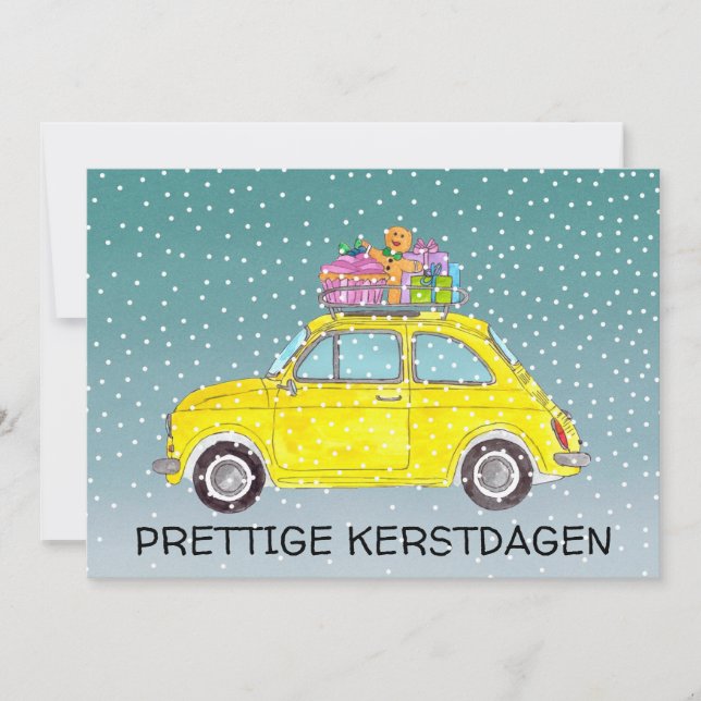 Kerstdagen Dutch Christmas yellow Fiat 500  Holiday Card (Front)
