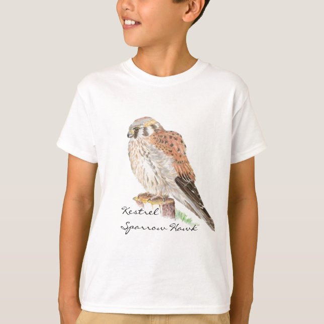 Kestrel Sparrow Hawk, Watercolor Bird T-Shirt (Front)