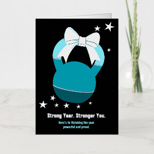 Kettlebell Stronger Year Stronger You Blue Black Foil Greeting Card