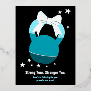 Kettlebell Stronger Year Stronger You Blue Black Foil Holiday Postcard