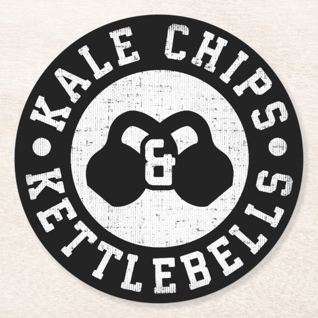 Kettlebells and Kale Chips - Funny Novelty Workout Round Paper Coaster (Front)