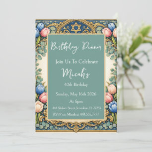Ketubah Art Vintage Tulips Blue Pink Floral Retro Invitation
