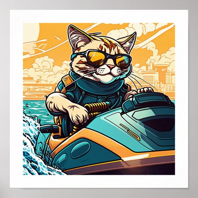 Kewl Beans- Cool Cat with sunglasses on a jetski Poster (Front)