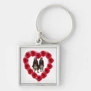 Key Chain Red Roses Heart With Basset Hounds