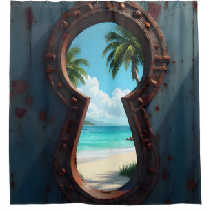 key hole view of beautiful beach shower curtain