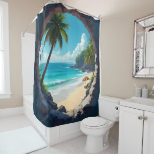 Key hole view of sun splashed beach and ocean shower curtain
