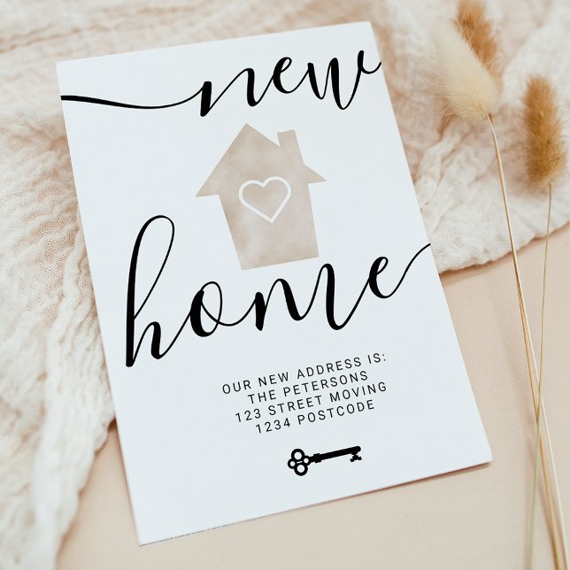 Key house beige minimal new home heart moving announcement postcard (Key house beige minimal new home heart moving announcement postcard)