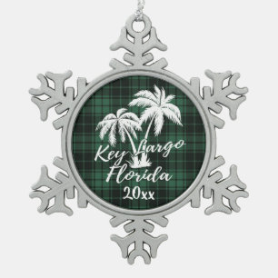 Key Largo Beach Florida Palm Green Plaid Snowflake Pewter Christmas Ornament
