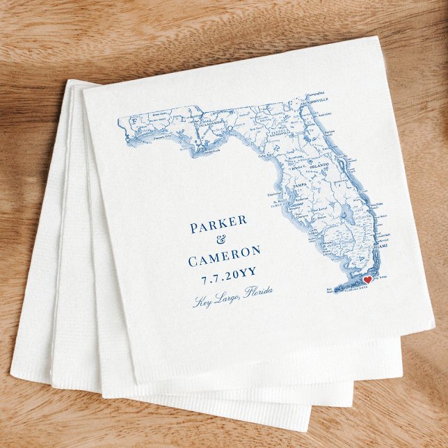 Key Largo Florida Map Elegant Wedding  Napkin (These Key Largo Florida map wedding napkins add a touch of navy blue elegance to your reception)