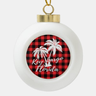Key Largo Florida Palm Trees Beach Red Plaid Ceramic Ball Christmas Ornament
