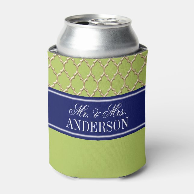 Key Lime Gold Moroccan #4 CB Navy Name Wedding Can Cooler (Can Front)