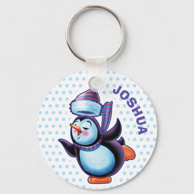 Key Ring Christmas Skating Penguin. (Front)