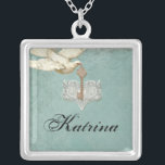 Key to my Heart, Doves Swirl Wedding Anniversary Silver Plated Necklace<br><div class="desc">PERSONALIZE: Put your bridesmaid's or Maid of Honour or Matron of Honour's names in the field provided. You can also create these as gifts for the Mother of the Bride or Groom and other wedding party members. These make perfect wedding party jewellery gifts. COLOR PALETTE: aqua, off white, grey, grey...</div>