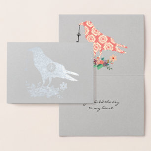 Key To My Heart Pink Floral Bird Custom Real Foil Card