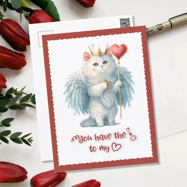 Key to my Heart Royal White Angel Cat Valentine Holiday Postcard (Creator Uploaded)